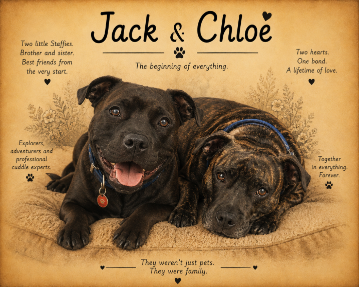Meet Jack and Chloe the inspiration for the Pawprint Society Staffy collection