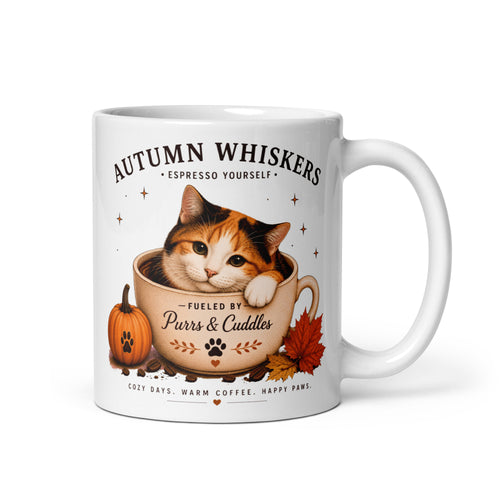 Autumn Whiskers Calico Cat Fall Mug featuring a calico cat with autumn-inspired artwork