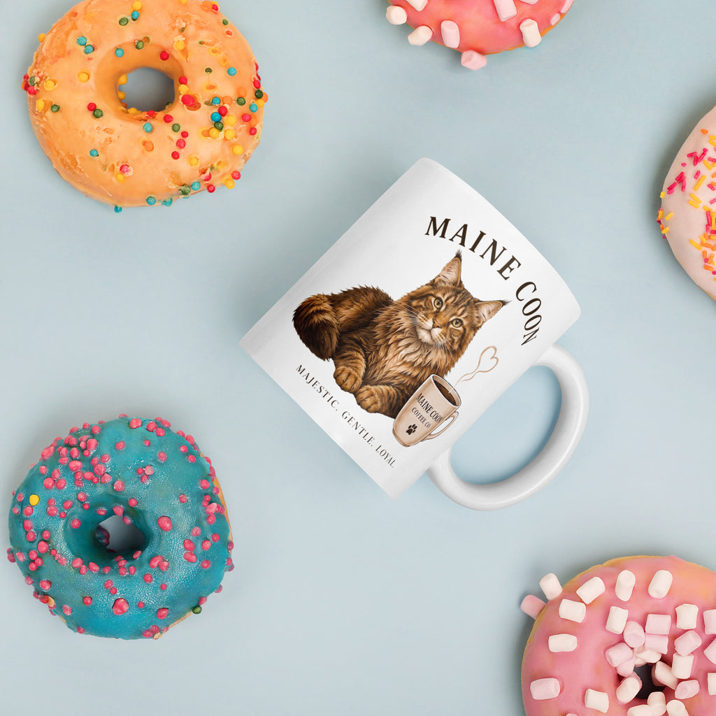 Maine Coon mug with colourful donuts