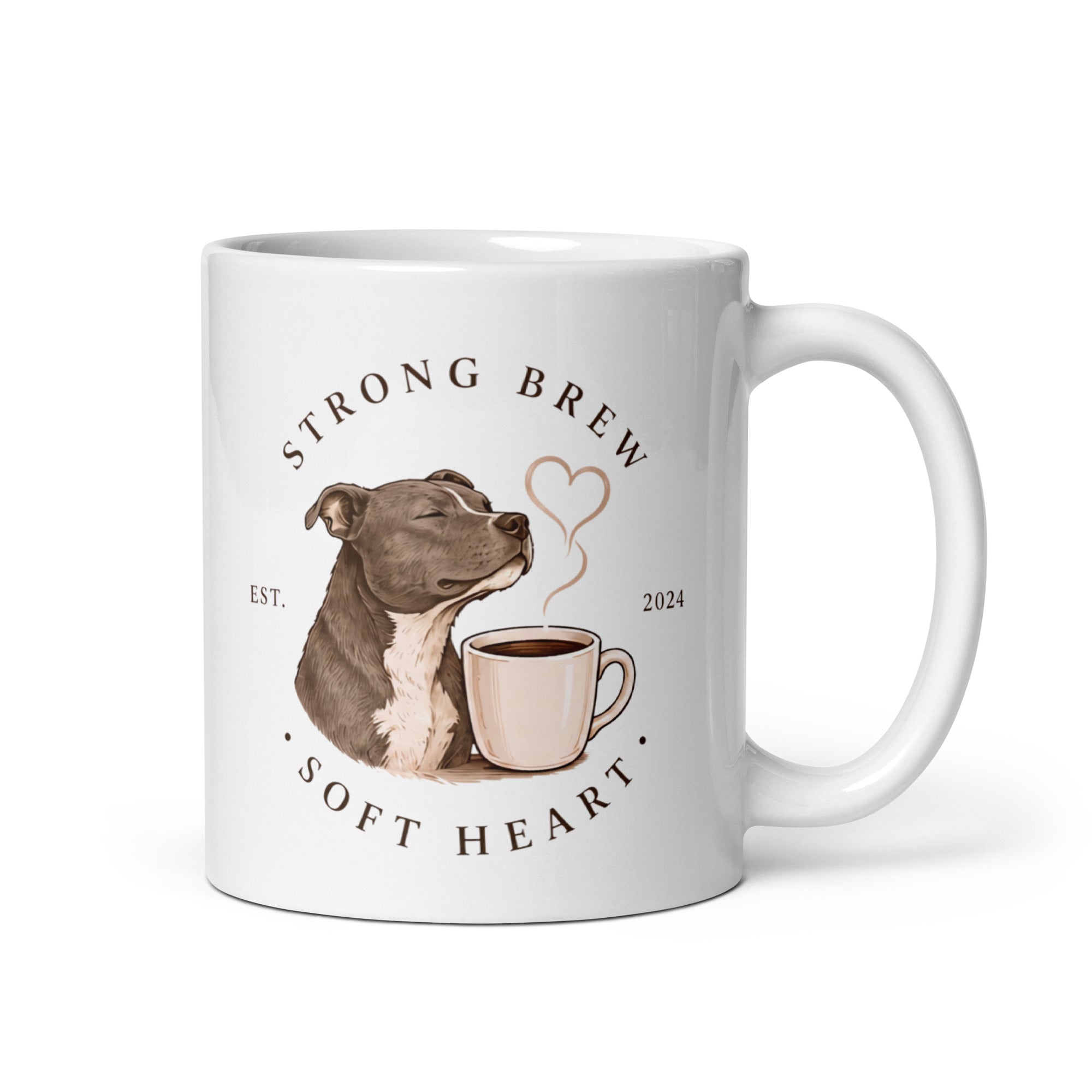 Staffy smelling coffee from a coffee mug with the words strong brew, soft heart