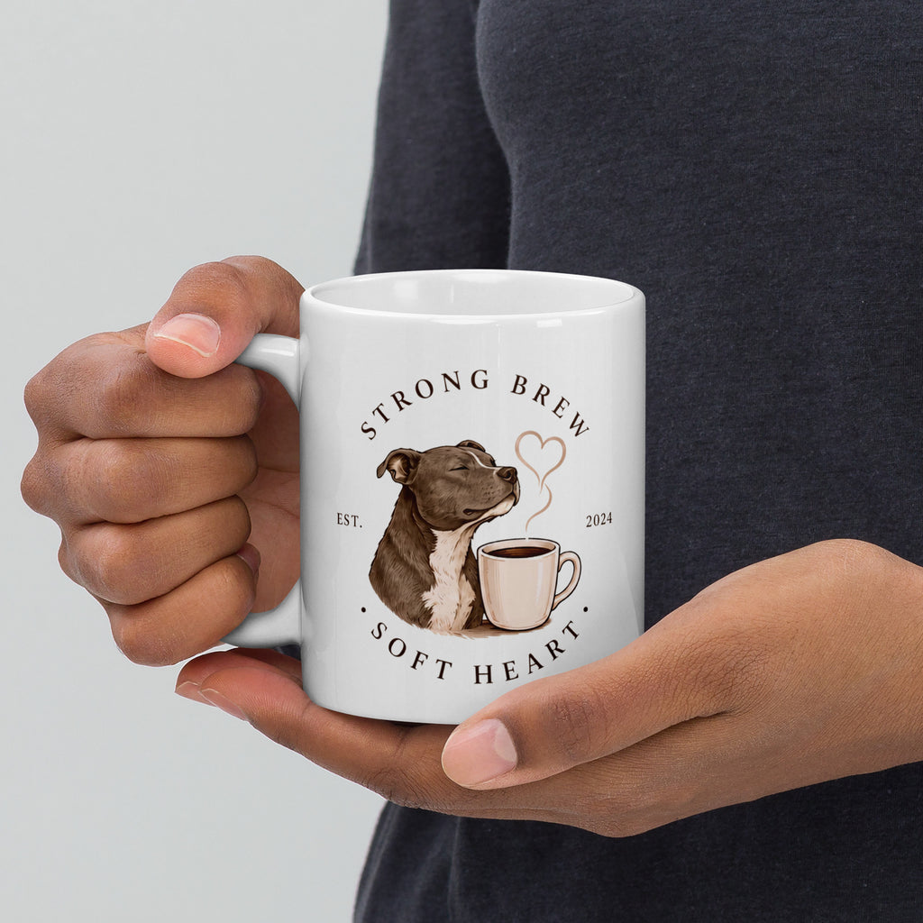 Woman holding Staffy mug from Pawprint Society