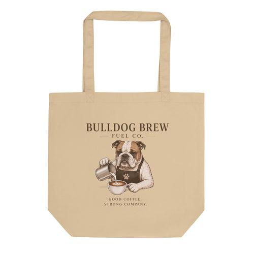 Good Coffee Strong Company Bulldog Brew eco tote bag featuring a bulldog brewing coffee by Paw Print Society.