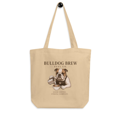 Good Coffee Strong Company Bulldog Brew eco tote bag featuring a bulldog brewing coffee by Paw Print Society.