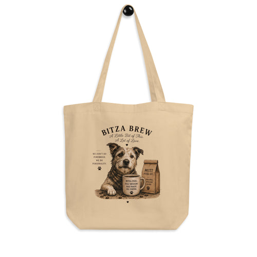 Bitza Brew eco tote bag featuring a mixed breed rescue dog with a coffee cup by Paw Print Society.