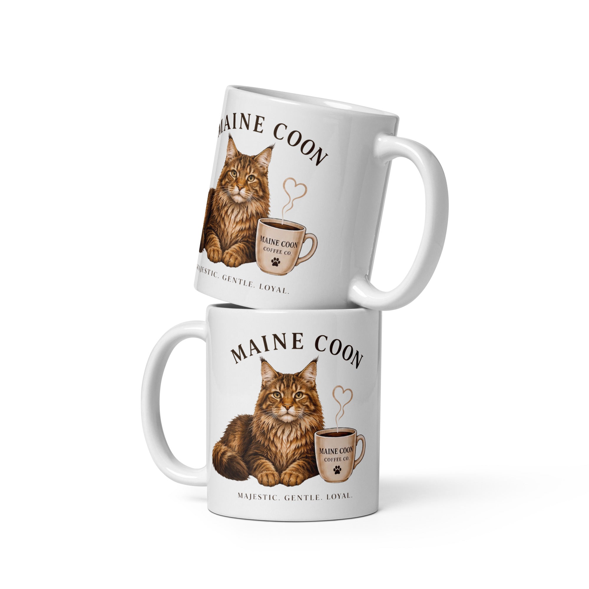 Two coffee mugs with Maine Coons on them stacked on top of each other