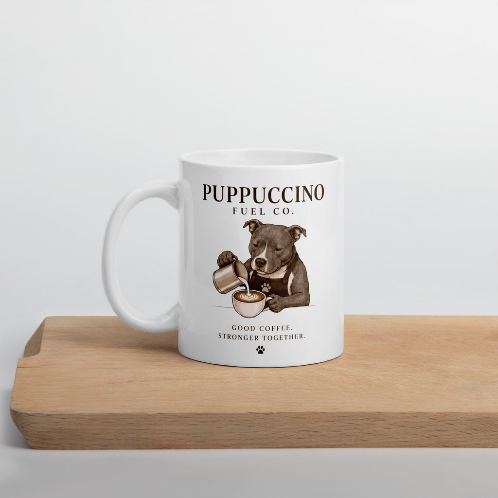 White mug with a graphic of a staffy dog pouring coffee with Puppucino Fuel co text on a wooden surface.