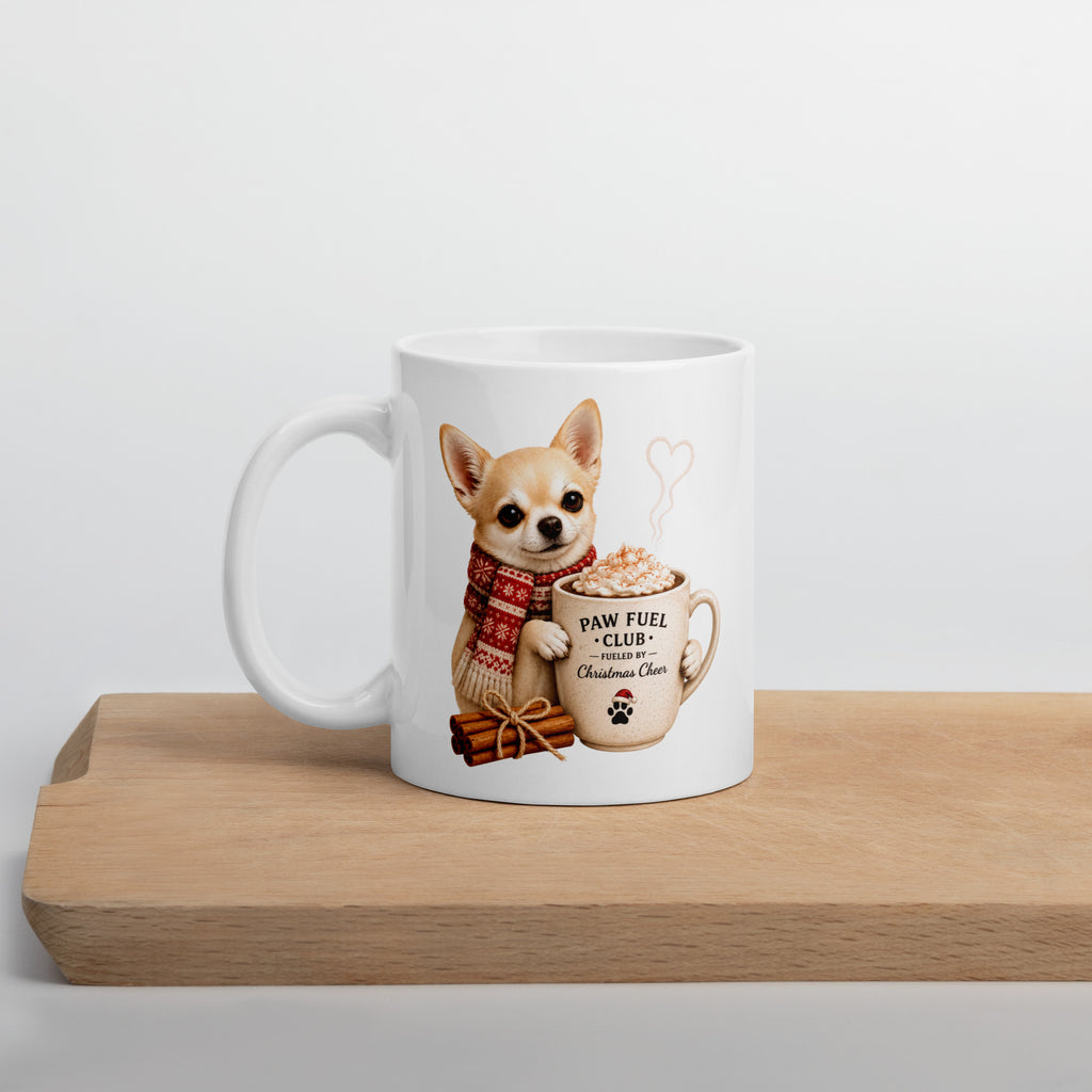 Christmas Paws Chihuahua Mug featuring a festive Chihuahua design