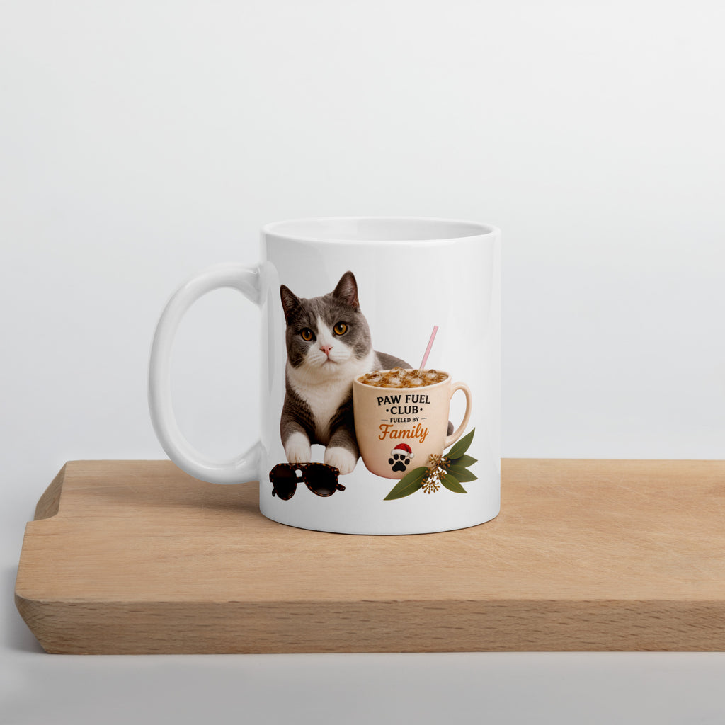 Paw Fuel Club Family ceramic coffee mug featuring a grey and white cat beside an iced coffee with sunglasses and Australian native greenery by Paw Print Society.