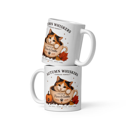 Autumn Whiskers Calico Cat Fall Mug featuring a calico cat with autumn-inspired artwork