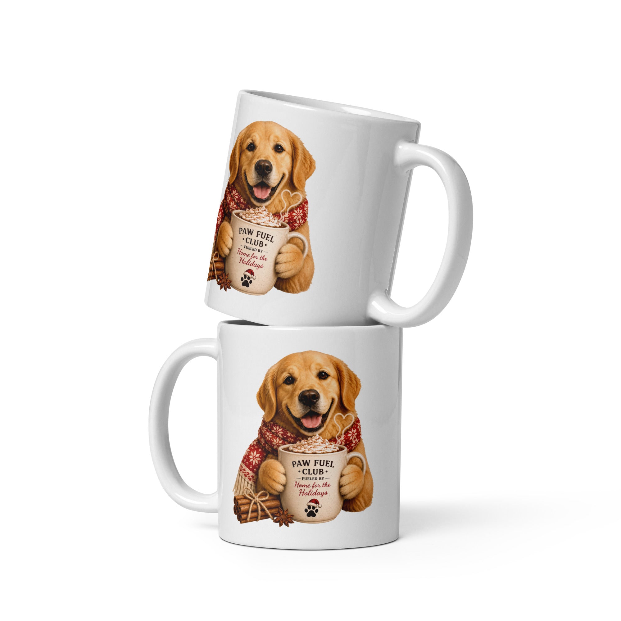 Paw Fuel Club Golden Retriever Christmas ceramic coffee mug featuring a smiling Golden Retriever wearing a festive scarf and holding a Christmas coffee mug by Paw Print Society.
