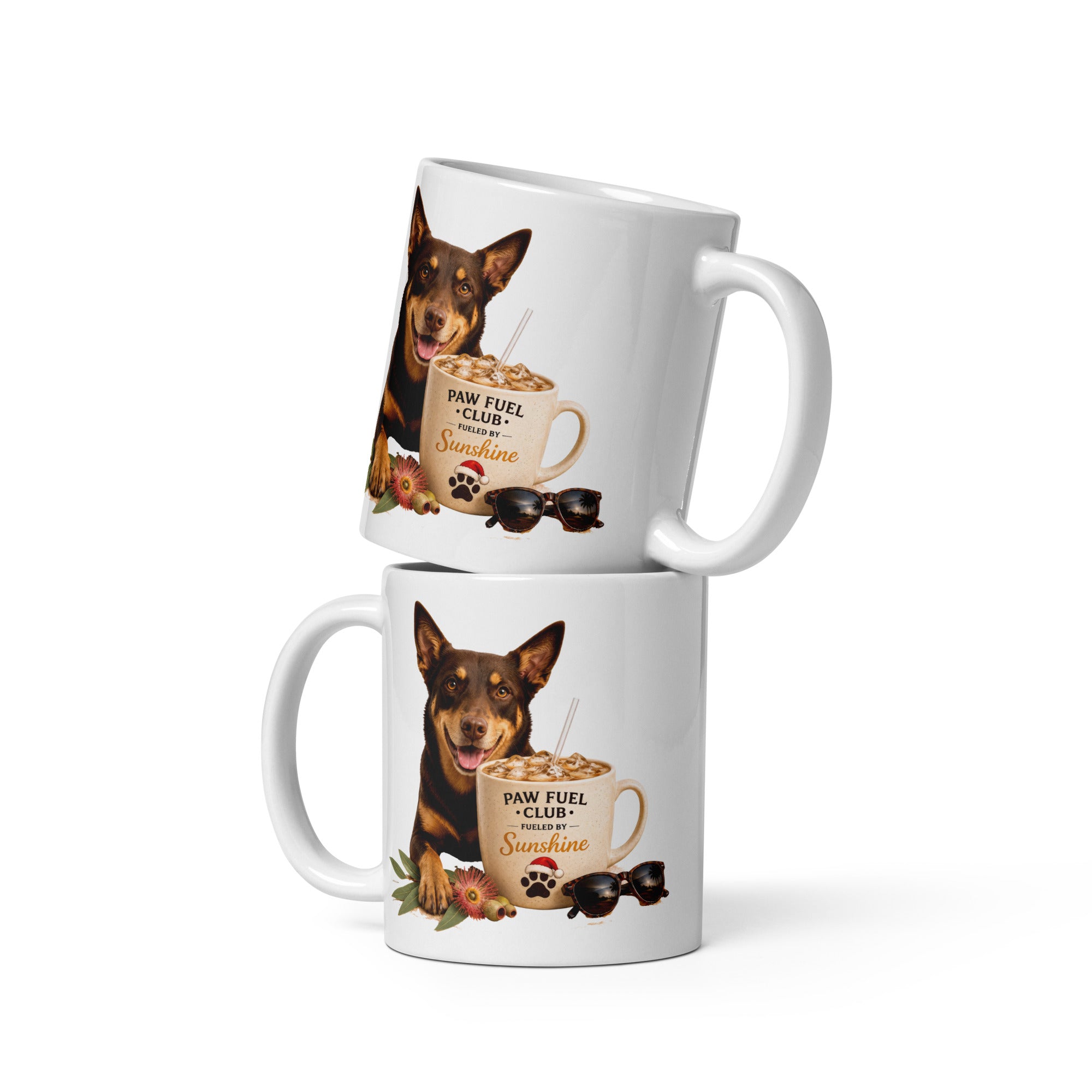 Paw Fuel Club Fueled by Sunshine ceramic coffee mug featuring an Australian Kelpie beside an iced coffee with Australian native flowers by Paw Print Society.