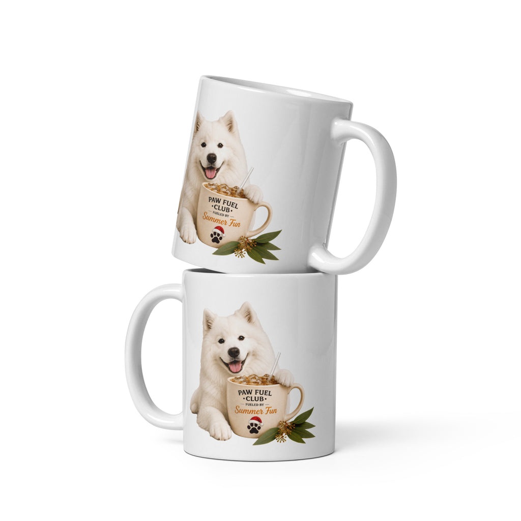 Paw Fuel Club Summer Fun ceramic coffee mug featuring a smiling Samoyed beside an iced coffee with Australian native greenery by Paw Print Society.