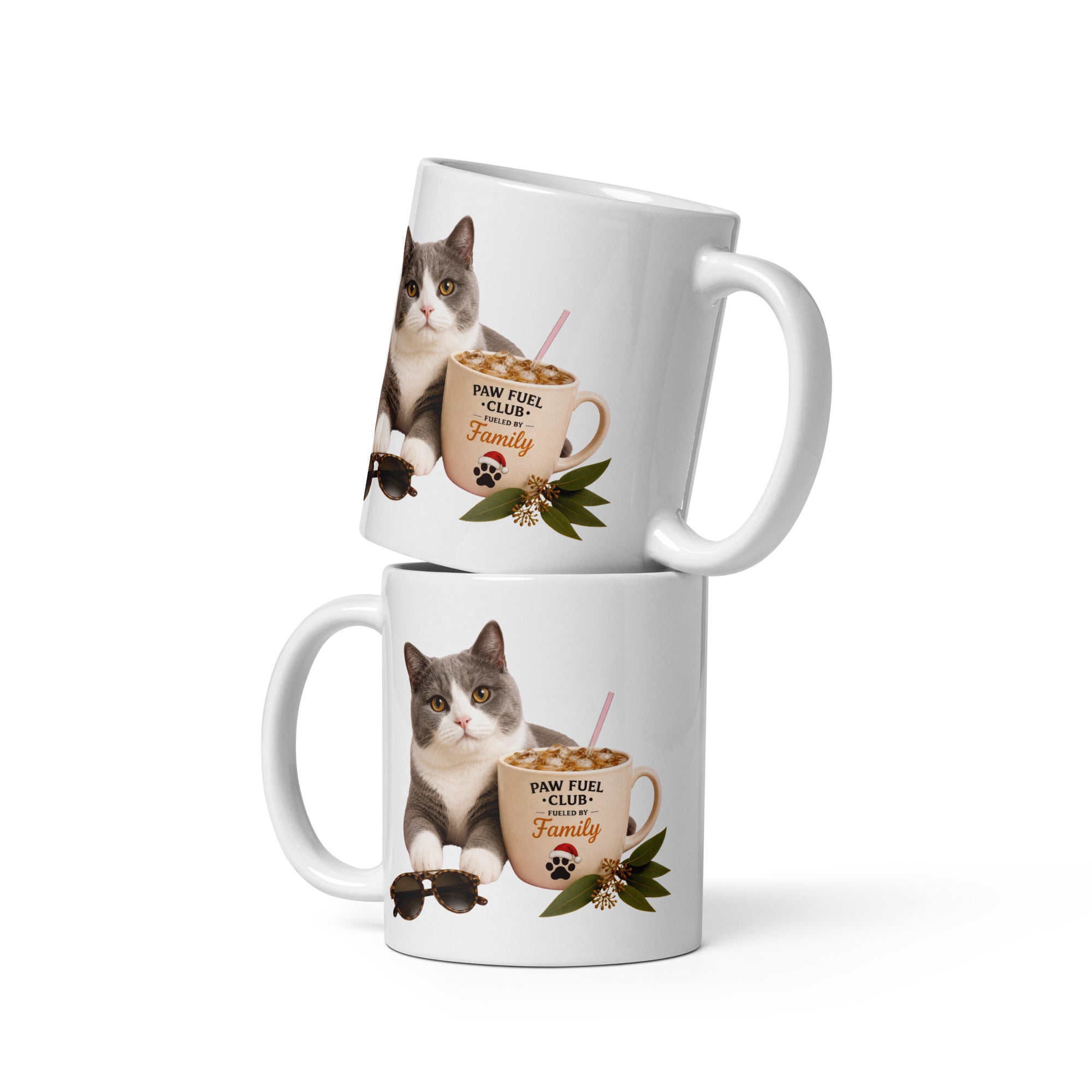 Paw Fuel Club Family ceramic coffee mug featuring a grey and white cat beside an iced coffee with sunglasses and Australian native greenery by Paw Print Society.