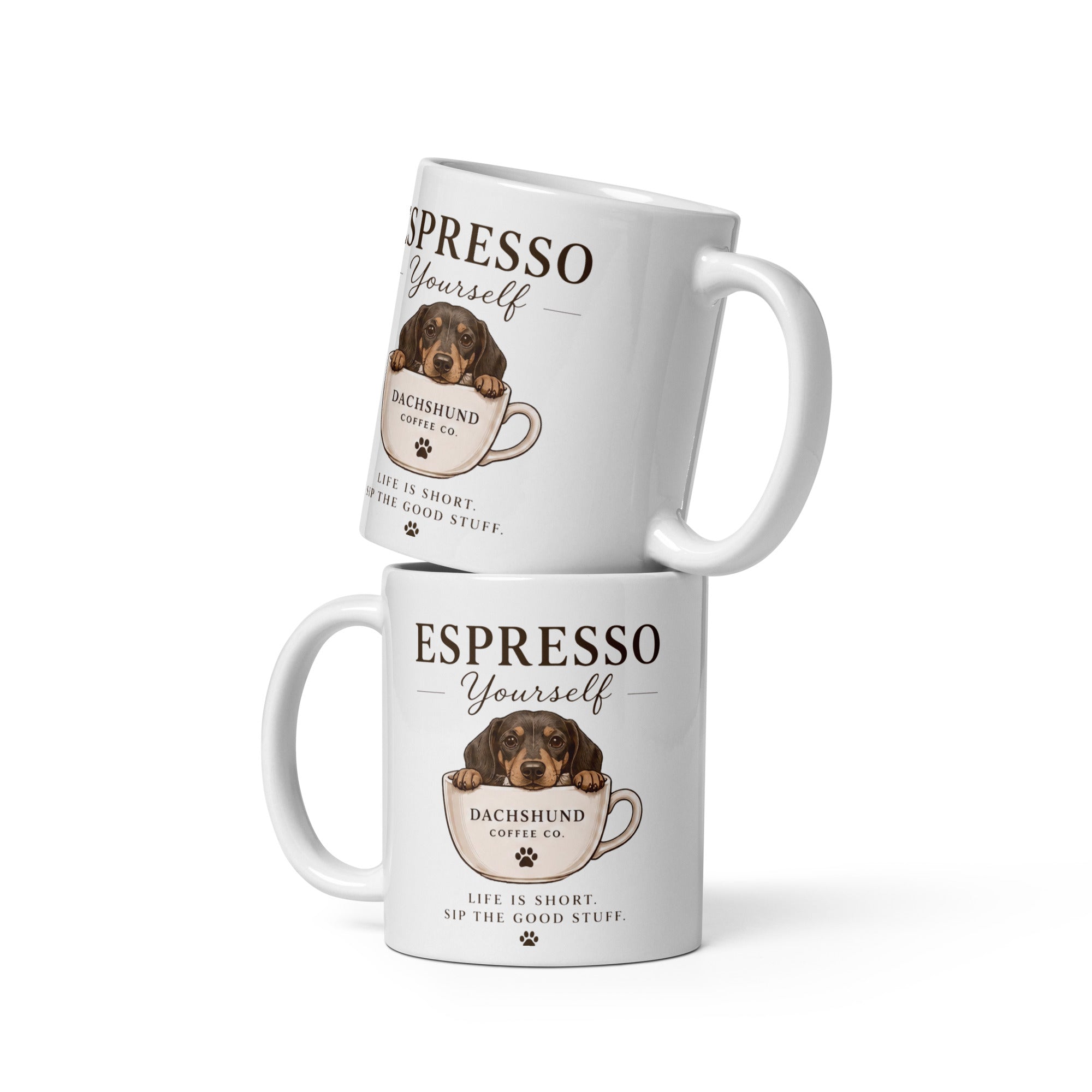 Two Espresso Yourself Dachshund mugs one top of each other from Pawprint Society