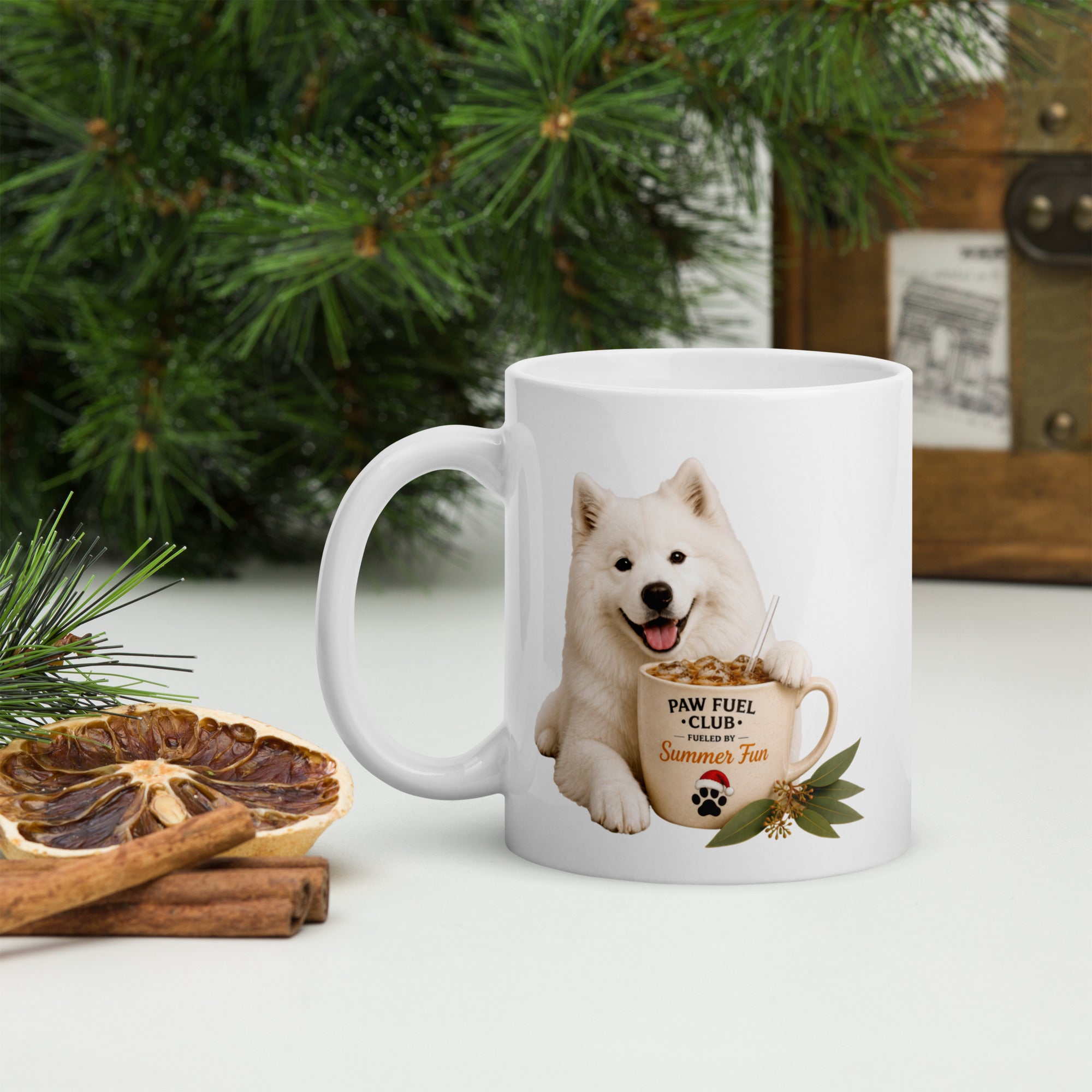 Paw Fuel Club Summer Fun ceramic coffee mug featuring a smiling Samoyed beside an iced coffee with Australian native greenery by Paw Print Society.