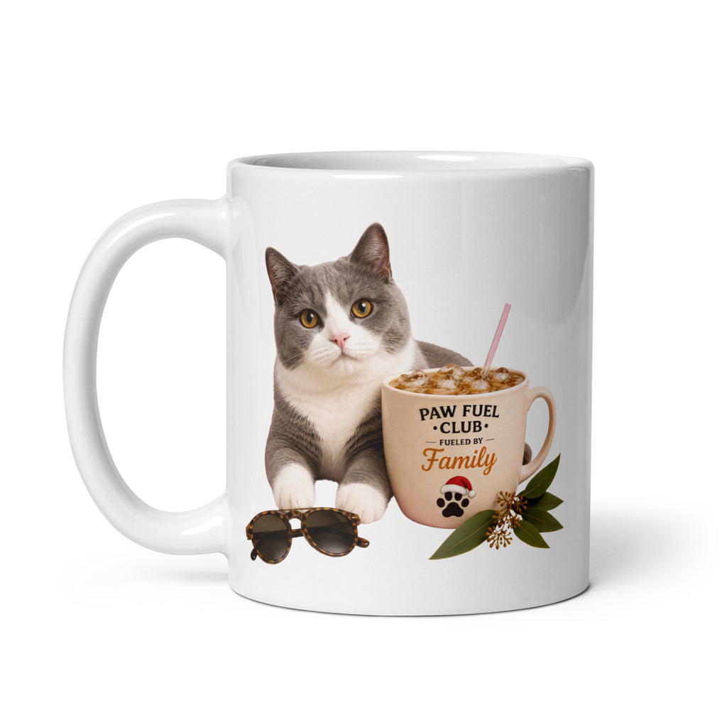 Paw Fuel Club Family ceramic coffee mug featuring a grey and white cat beside an iced coffee with sunglasses and Australian native greenery by Paw Print Society.