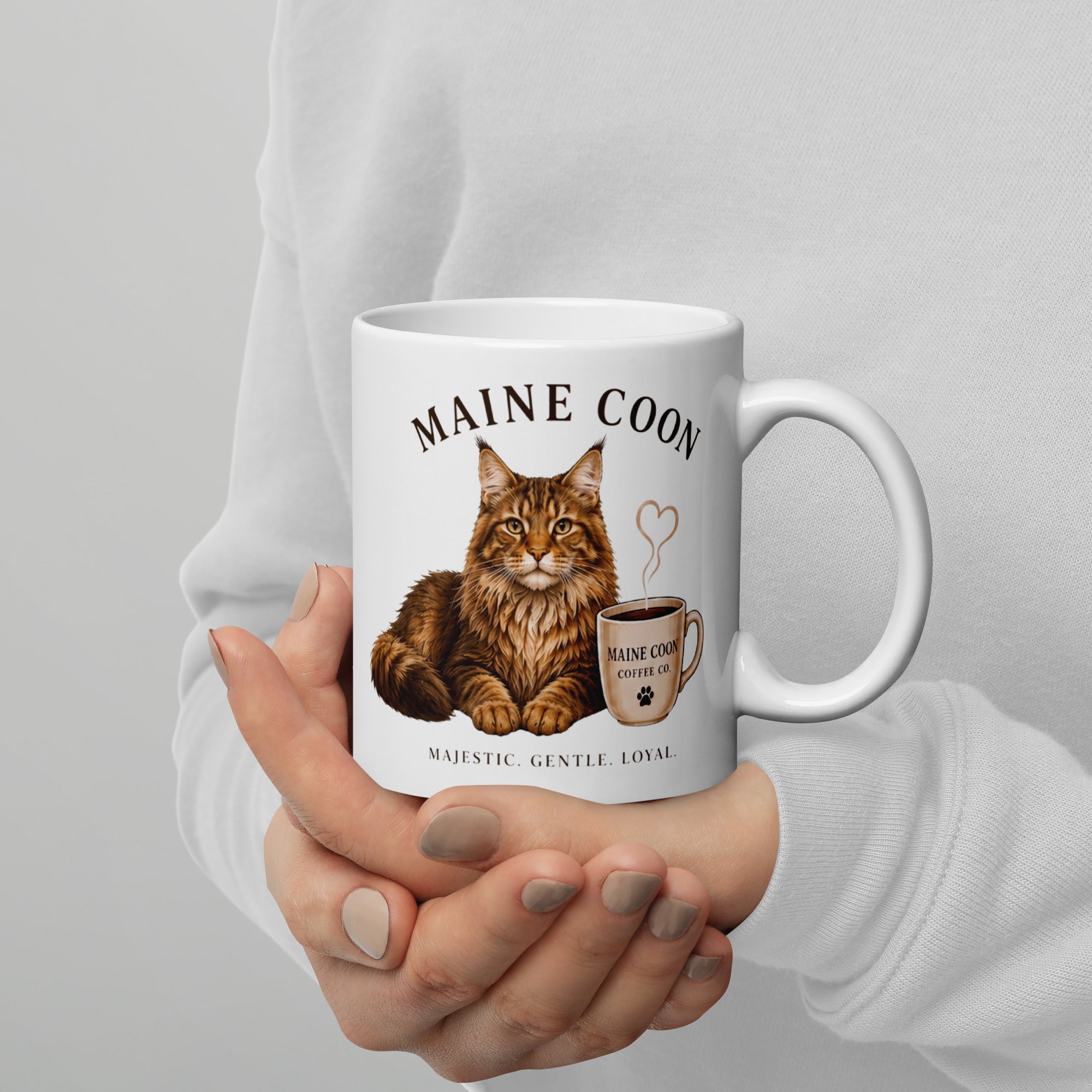 Woman cupping Maine Coon Coffee Mug in her hands