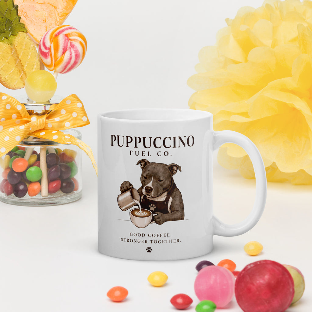 White mug with an illustration of a staffordshire bull terrier pouring a cup of coffee