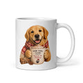 Paw Fuel Club Golden Retriever Christmas ceramic coffee mug featuring a smiling Golden Retriever wearing a festive scarf and holding a Christmas coffee mug by Paw Print Society.