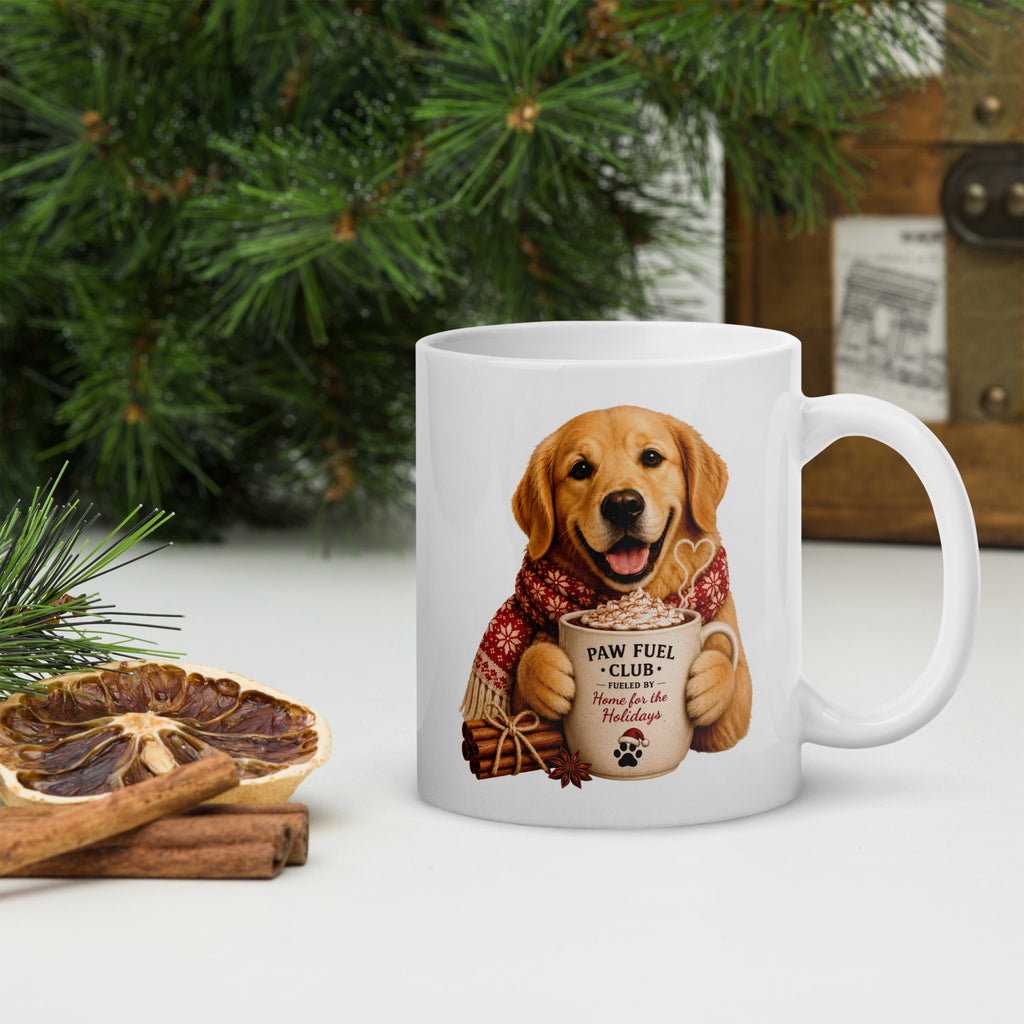 Paw Fuel Club Golden Retriever Christmas ceramic coffee mug featuring a smiling Golden Retriever wearing a festive scarf and holding a Christmas coffee mug by Paw Print Society.