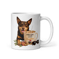 Paw Fuel Club Fueled by Sunshine ceramic coffee mug featuring an Australian Kelpie beside an iced coffee with Australian native flowers by Paw Print Society.