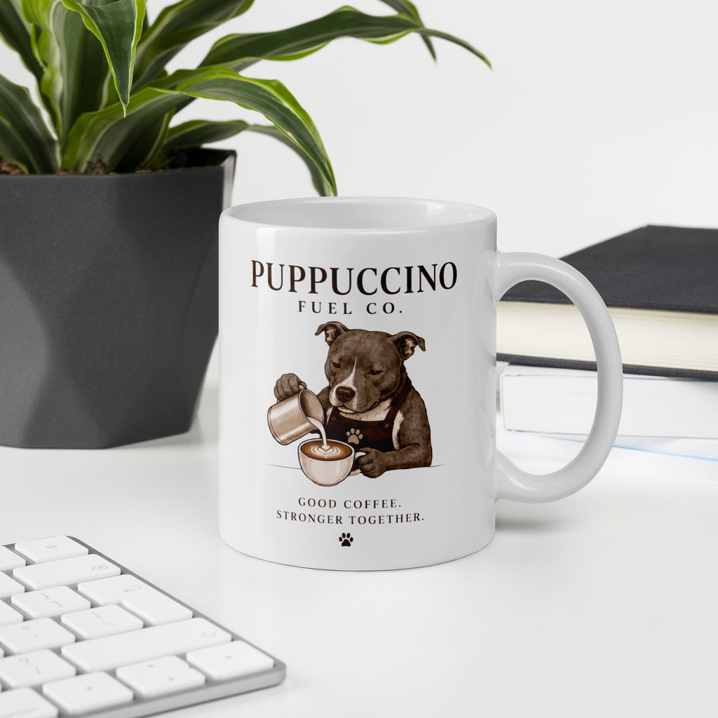 Mug with a dog illustration and 'Puppuccino Fuel Co.' text on a desk with a plant and books.