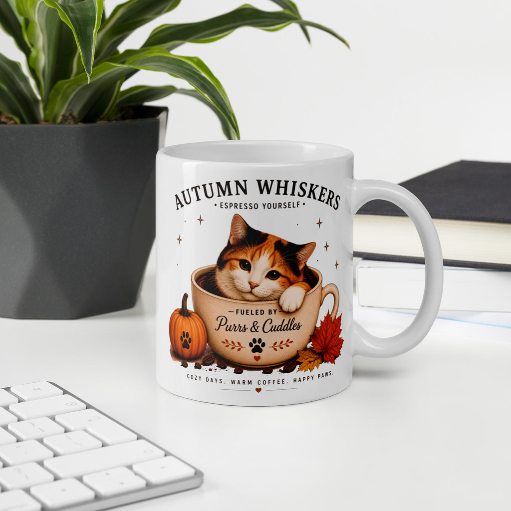 Autumn Whiskers Calico Cat Fall Mug featuring a calico cat with autumn-inspired artwork