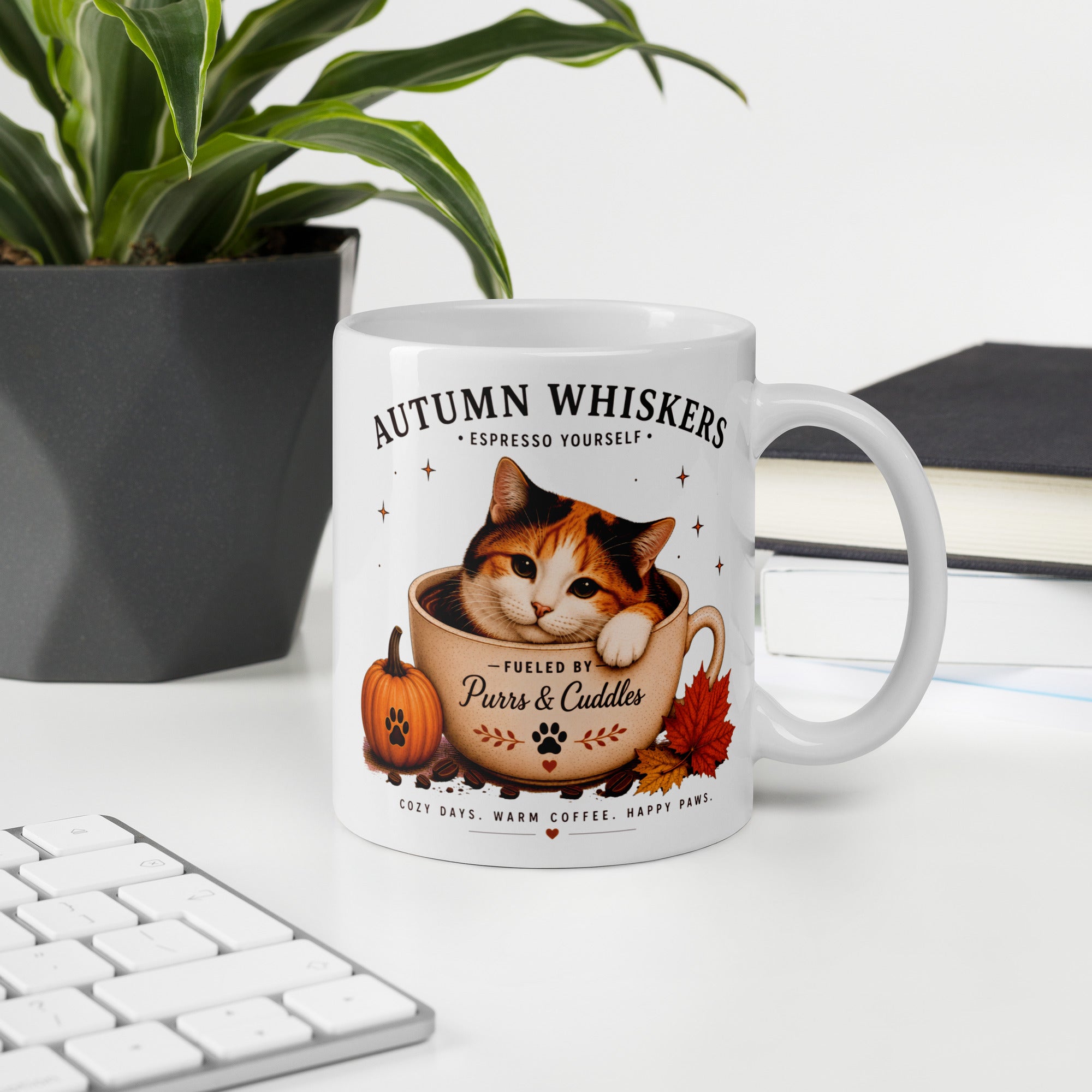 Autumn Whiskers Calico Cat Fall Mug featuring a calico cat with autumn-inspired artwork