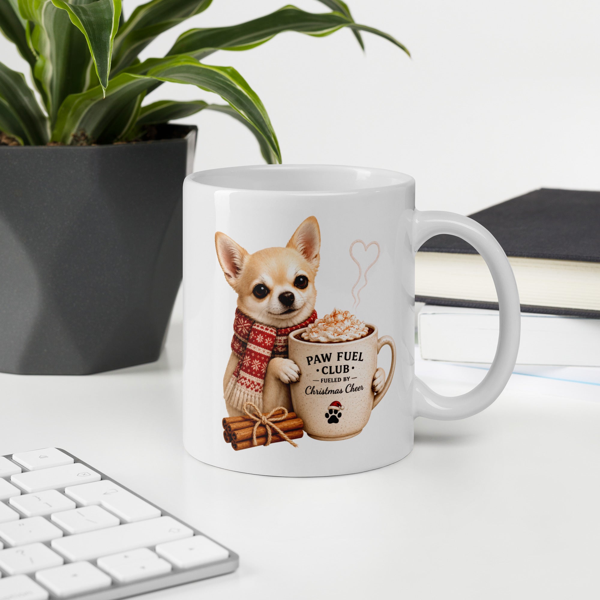 Christmas Paws Chihuahua Mug featuring a festive Chihuahua design