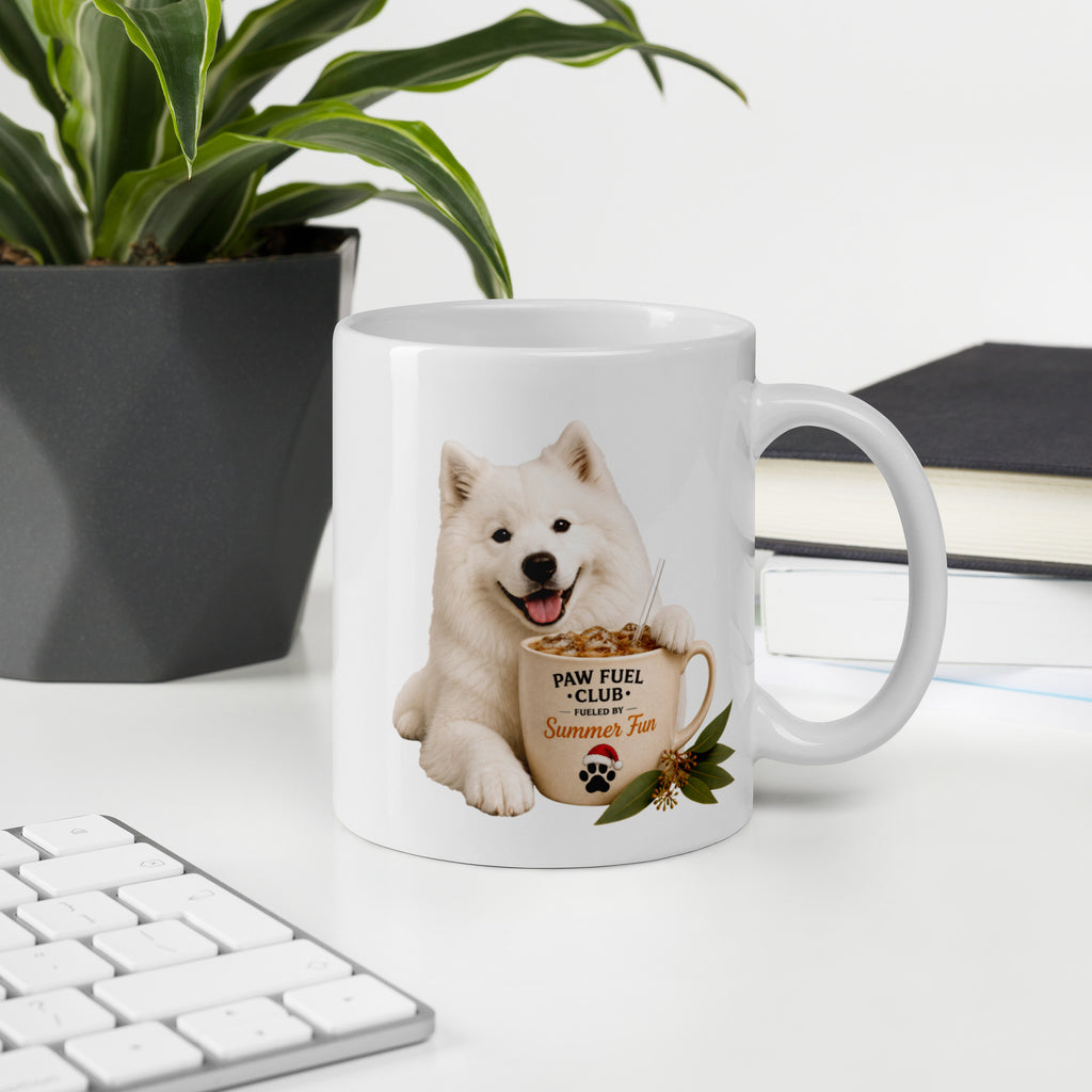 Paw Fuel Club Summer Fun ceramic coffee mug featuring a smiling Samoyed beside an iced coffee with Australian native greenery by Paw Print Society.