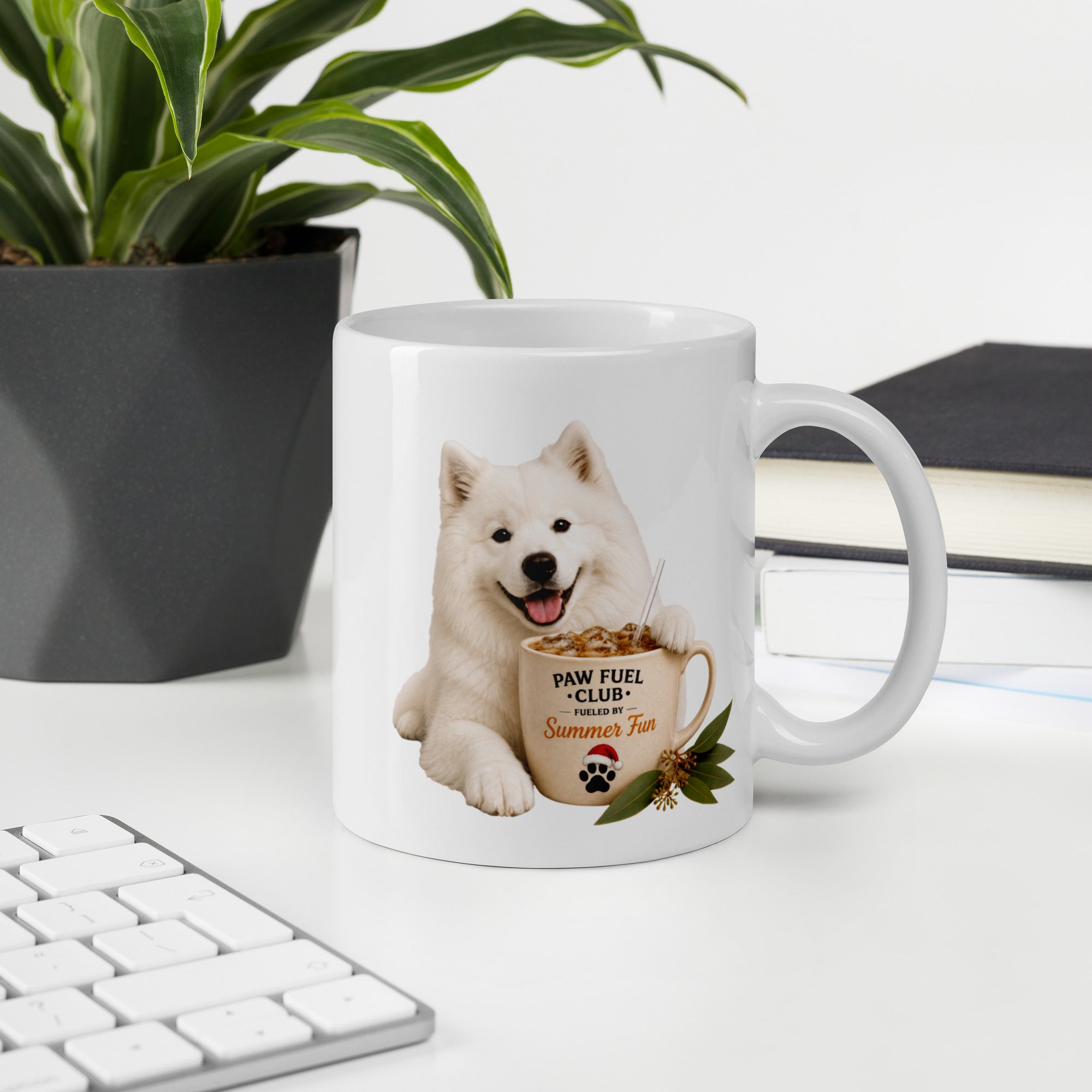 Paw Fuel Club Summer Fun ceramic coffee mug featuring a smiling Samoyed beside an iced coffee with Australian native greenery by Paw Print Society.