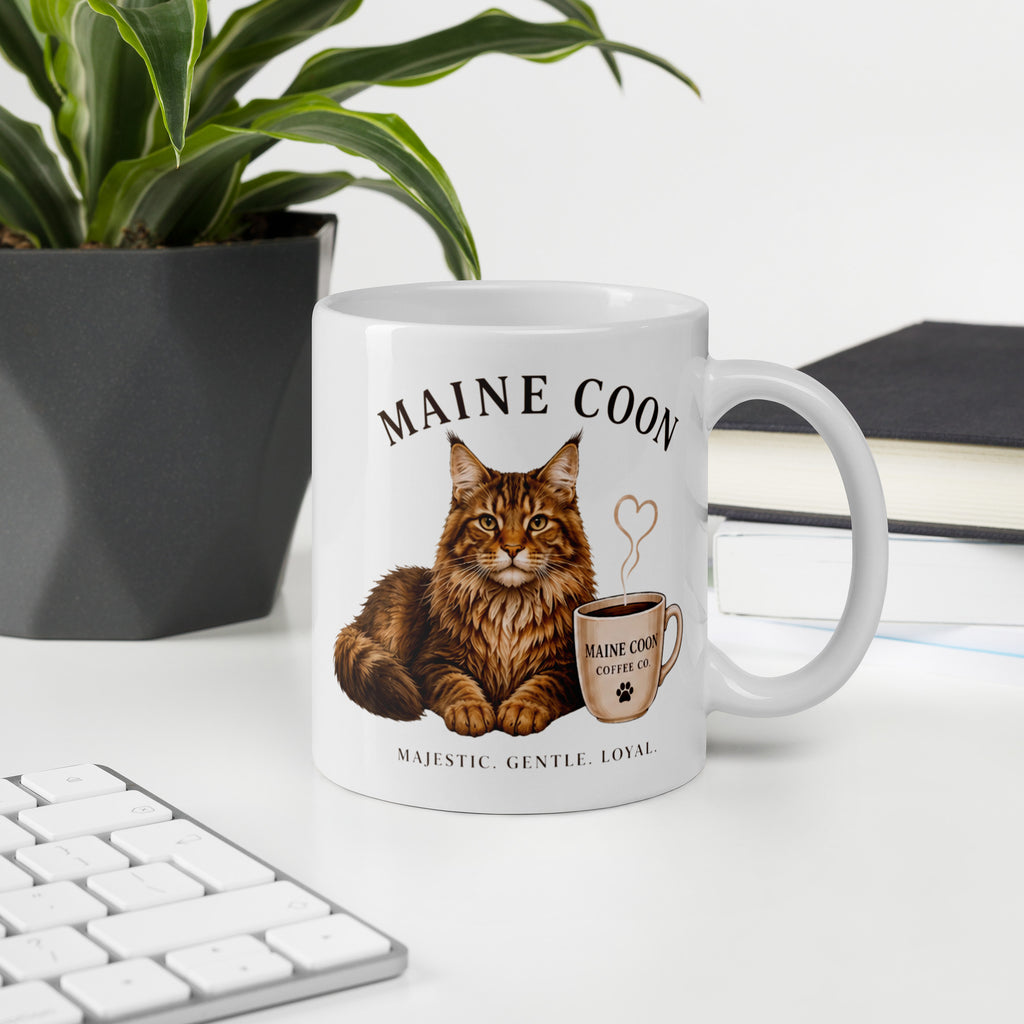 Coffee mug on desk with picture of Maine Coon