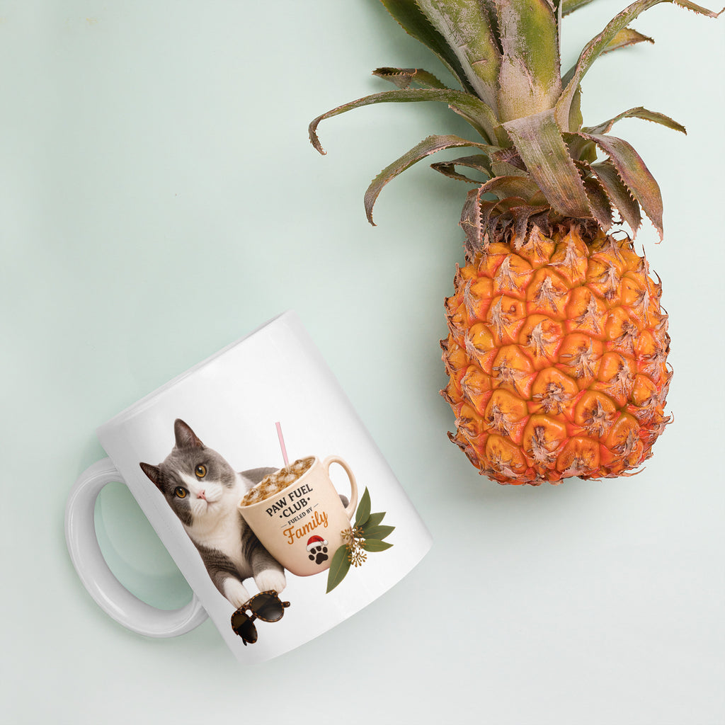 Paw Fuel Club Family ceramic coffee mug featuring a grey and white cat beside an iced coffee with sunglasses and Australian native greenery by Paw Print Society.